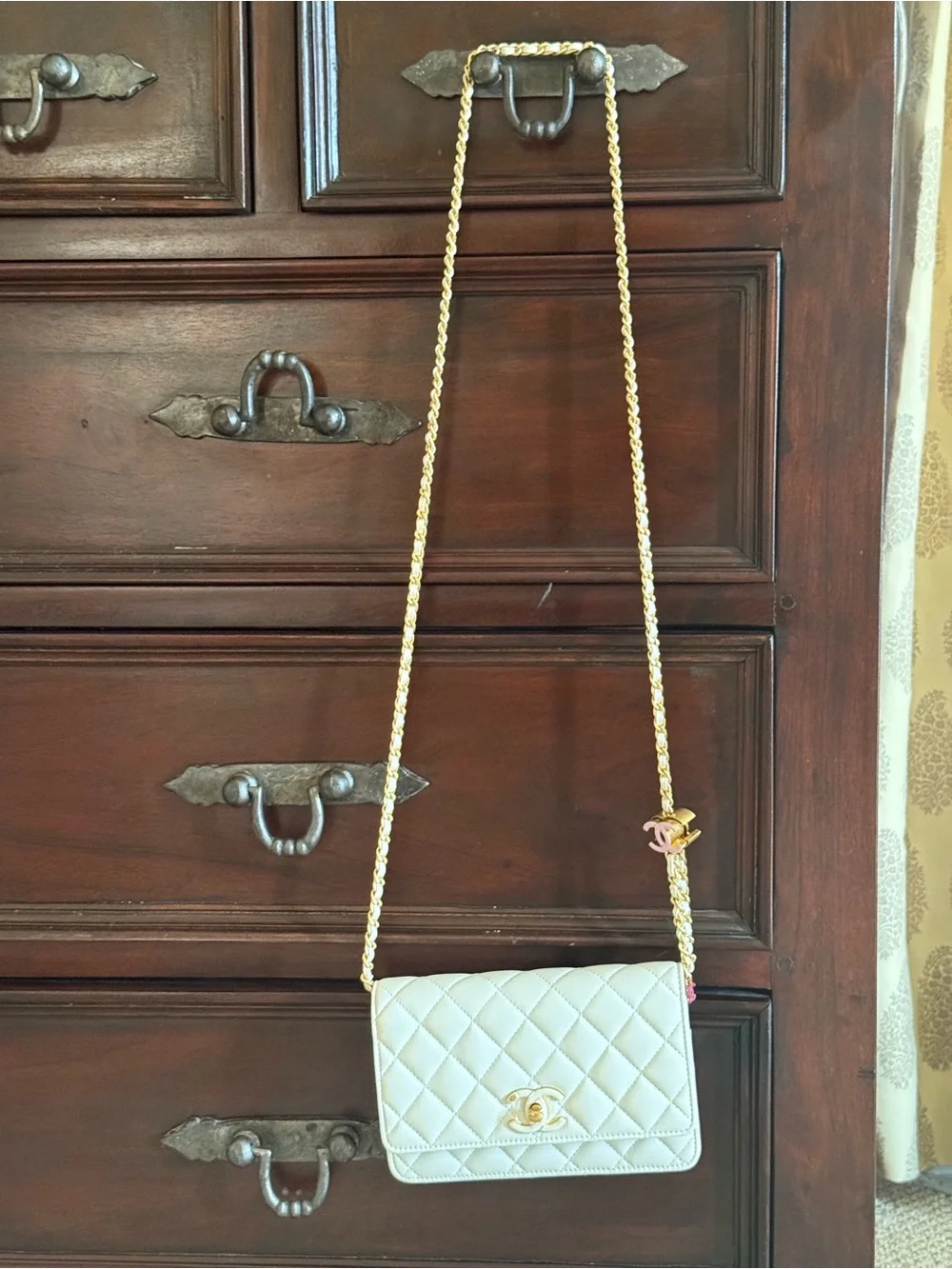 CHANEL Cream Quilted Leather Chain Crossbody with Gold Hardware